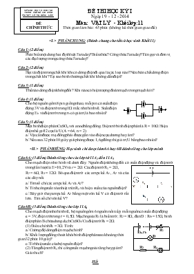 Đề thi học kỳ I ngày 19 - 12 - 2014 môn Vật lý - Khối lớp 11